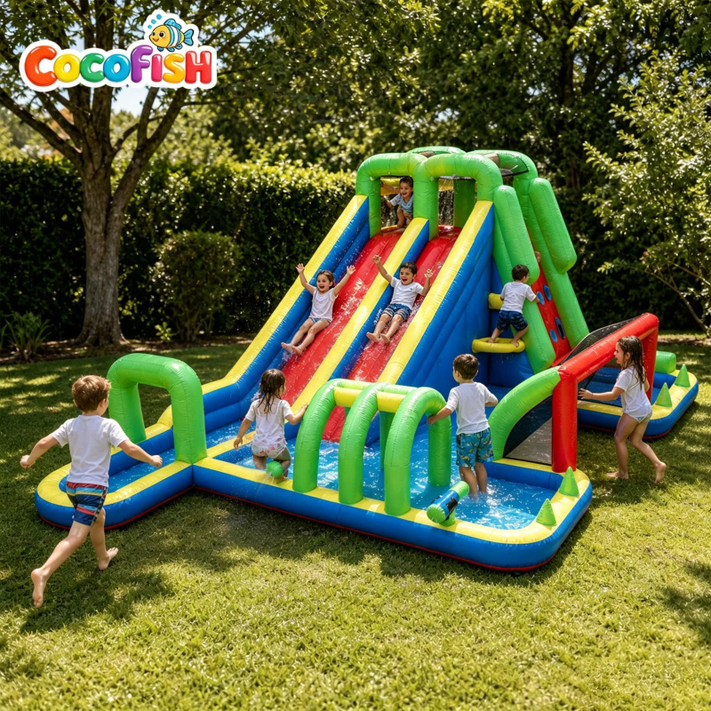 Water Slide Inflatable - Cocofish Großer Aufblasbarer Wasserpark mit Doppelrutsche